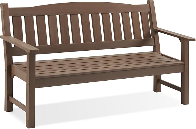 Psilvam 3-Person Outdoor Memorial Bench, All-Weather Poly Lumber Garden Bench, Rot-Resistant Outdoor Patio Bench for Park,Porch,and Church(Brown)-Ruum Studio Home
