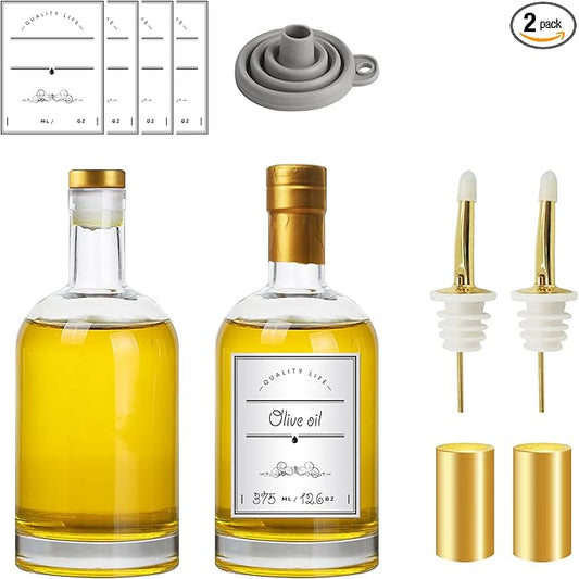 Olive Oil Dispenser Bottle for Kitchen, Clear Glass Oil and Vinegar Dispenser Set, Coffee Syrup Dispenser, Container With Metal Pour Spout, Airtight Lid, Funnel, Waterproof Labels (375ml-2 Pack)-Ruum Studio Home