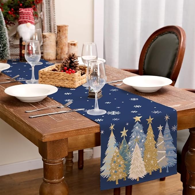 GEEORY Christmas Table Runner 13x120 Inch, Xmas Trees Snowflakes Holiday Decorative Farmhouse Table Decoration for Kitchen Dinning, Indoor Outdoor Dinner Party Decor (Blue) GT151-120N-Ruum Studio Home