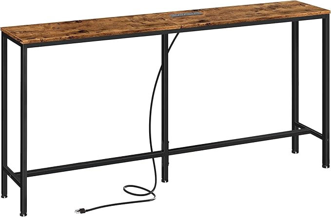 SUPERJARE Console Table with Outlet, 63 Inch Sofa Table with Charging Station, Narrow Entryway Table, Behind Couch Table, for Living Room, Plants - Rustic Brown-Ruum Studio Home
