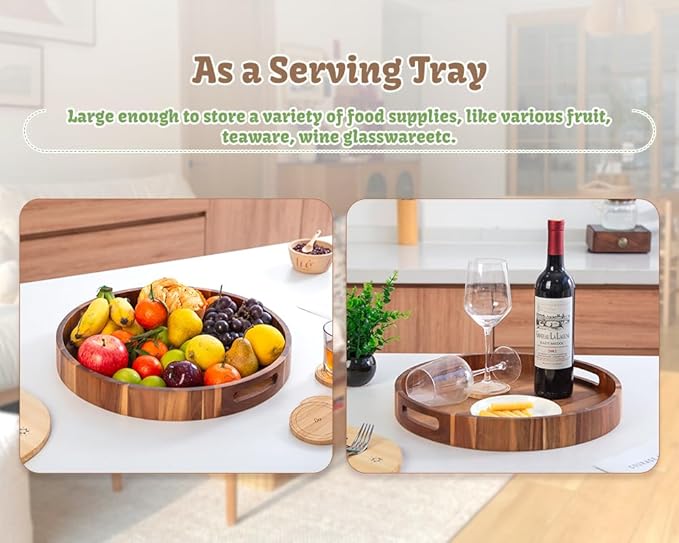 Large Round Wood Serving Tray, Wooden Trays with Handles for Ottoman Table, Vintage Acacia Tray Circle Wood Tray for Indoor Outdoor Organization and Decoration, Including 4 Round Wooden Coasters-Ruum Studio Home