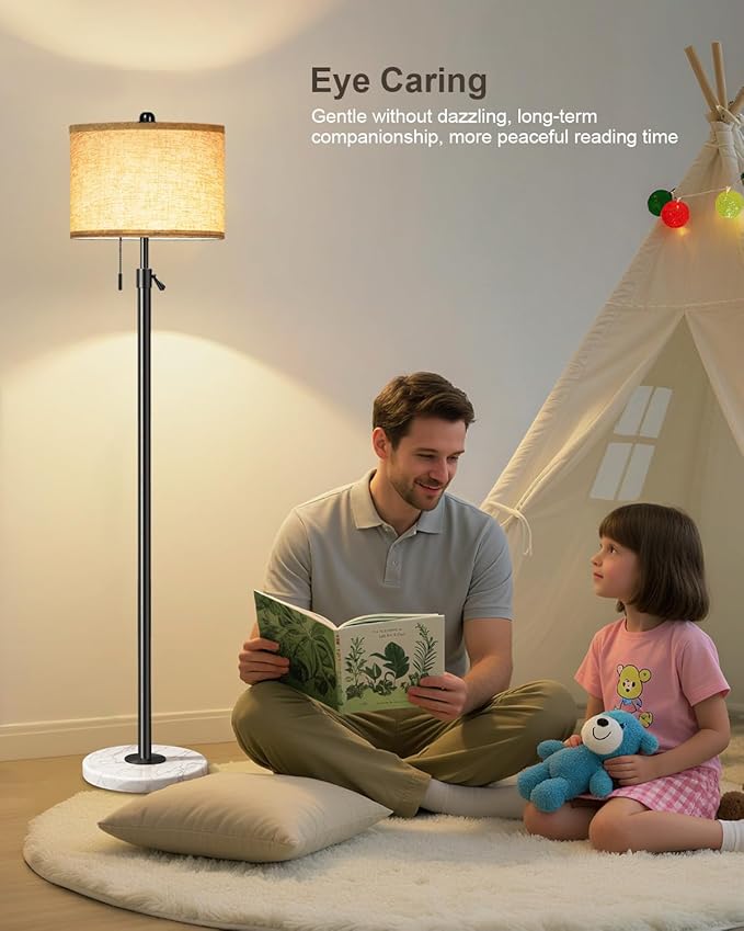 Floor Lamp for Living Room - Adjustable Height Standing Lamp with Marble Base & Linen Shade - Tall Pole Floor Light with 3 Color Temperatures Bulb for Bedroom, Reading - Easy Assembly-Ruum Studio Home