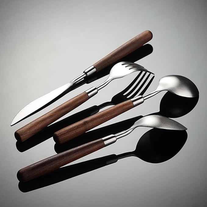 Flatware Set Wood Silverware Set for 12, Cutlery 18/8 Stainless Steel Home Kitchen Utensils Include Knifes Forks and Spoons Tableware Set Durable Dishwasher Safe 48 Piece-Ruum Studio Home
