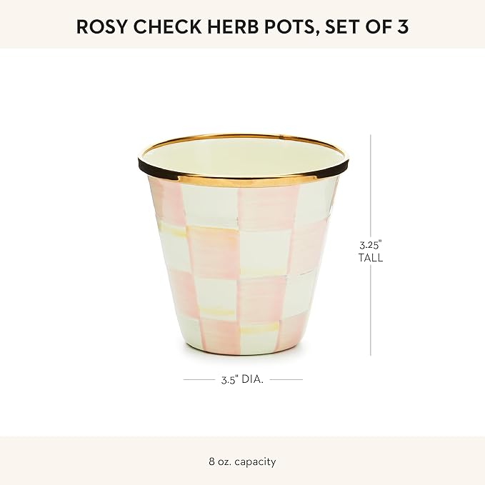 MACKENZIE-CHILDS Enamel Herb Pots, Small Plant Pots for Herbs or Flowers, Set of 3, Pink-and-White Rosy Check-Ruum Studio Home