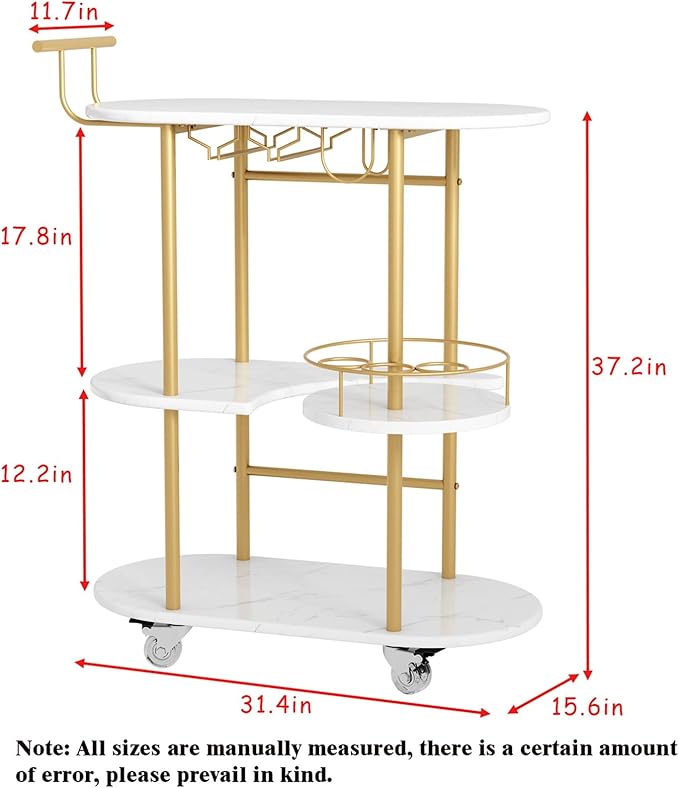 3 Tier Gold Bar Carts for Home Bar Serving Cart with Wheels, Heavy Duty Bar Wine Cart with Storage Shelves, for The Living Room, Kitchen, Bar, Party-Ruum Studio Home