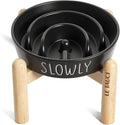 Ceramic Puzzle Slow Feeder Dog Bowl - 0.6 Cup Elevated with Wood Stand for Small Breeds, Black-Ruum Studio Home
