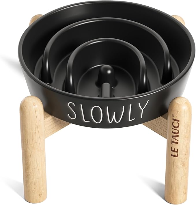 Ceramic Puzzle Slow Feeder Dog Bowl - 0.6 Cup Elevated with Wood Stand for Small Breeds, Black-Ruum Studio Home