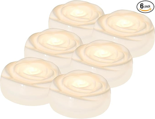Aignis 6pcs Flameless LED Floating Candles, White Rose Plastic Tealights Battery Operated, 120+ Hours Glow Time, Cozy Light for Romantic Pool/Bathtub/Hot Bath/Wedding Centerpiece Decor(D2.83*H1.42)