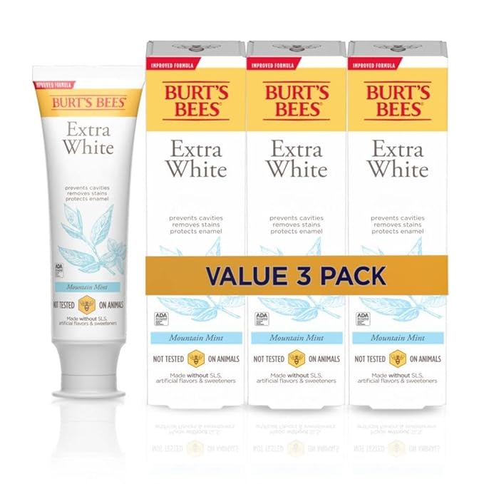 Burt's Bees Extra White Toothpaste, Fluoride Toothpaste, Natural Flavor, Mountain Mint, 4.7 oz, Pack of 3-Ruum Studio Home
