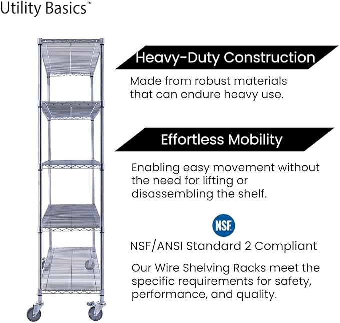 48"x18"x72" Chrome 5-Tier PREMIUM Wire Shelving NSF 4000 LBS MAX CAPACITY Heavy Duty Steel Storage Rack for Warehouses, Garages, Hospitals, Commercial Spaces, & Schools w/PREMIUM WHEELS-Ruum Studio Home