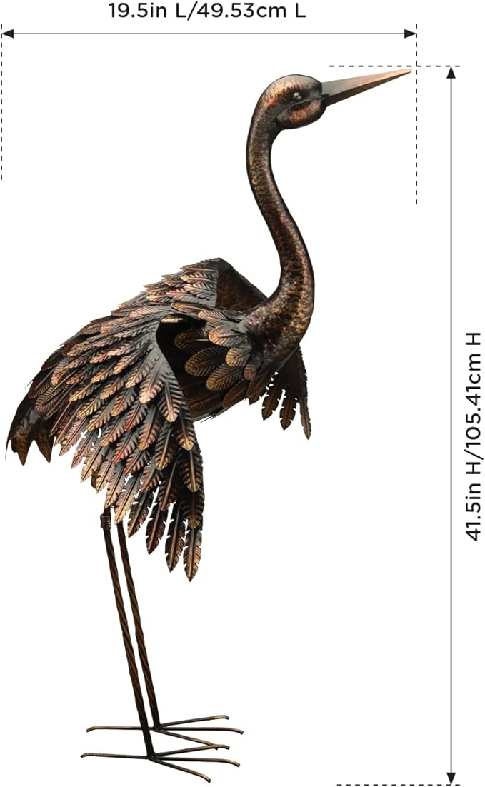 Regal Art & Gift Outdoor Garden Décor, Unique Bird Sculpture, Rustic Metal Bird Statues, Garden Ornaments, Bird Figurine for Lawn, Decorative Sculpture, Crane, Multi, Wings Down, 42" Height-Ruum Studio Home