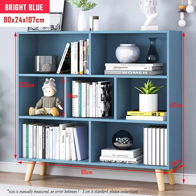 IOTXY Wooden Open Shelf Bookcase - 3-Tier Floor Standing Display Cabinet Rack with Legs, 7 Cubes Bookshelf, Bright Blue-Ruum Studio Home