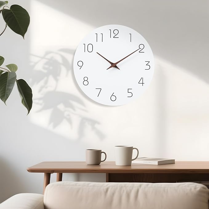 Mosewa Wall Clock 14 Inch White Silent Non Ticking Battery Operated Simple Minimalist Wooden Clock Decorative for Kitchen Bathroom Home Bedroom Living Room Office-Ruum Studio Home