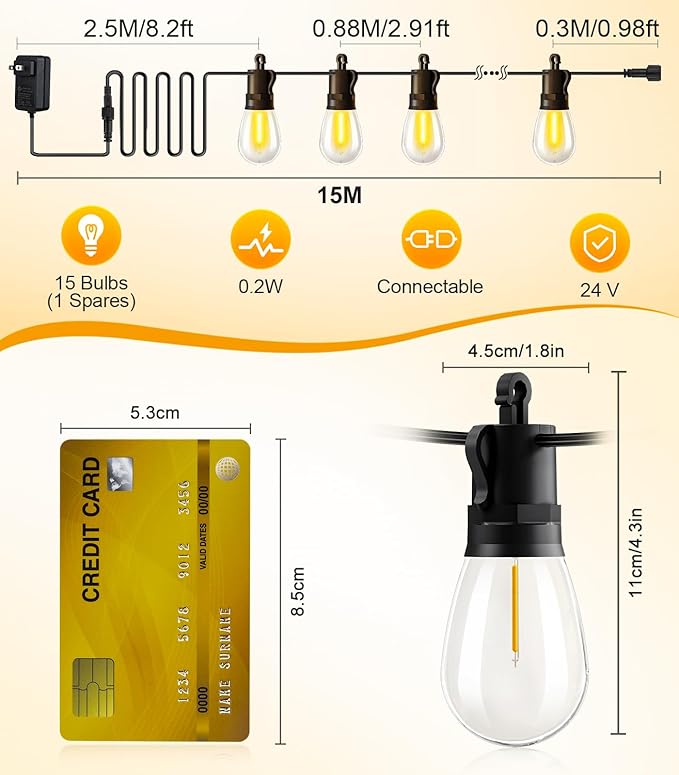 Outdoor-String-Lights-Patio-LED-Light-Outside 50Ft 15M Waterproof Remote Dimmable S14 LED Porch Lighting with 15 Edison Plastic Bulb Hanging Lights Connectable for Backyard Yard Gazebo Party Garden-Ruum Studio Home