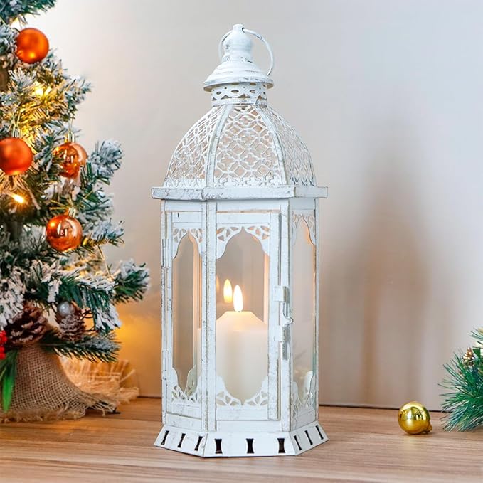 JHY DESIGN Decorative Candle Lantern 15''H Vintage Metal Candle Holder for Garden Living Room Indoor Outdoor Parties Weddings Patio(White with Gold Brush)-Ruum Studio Home