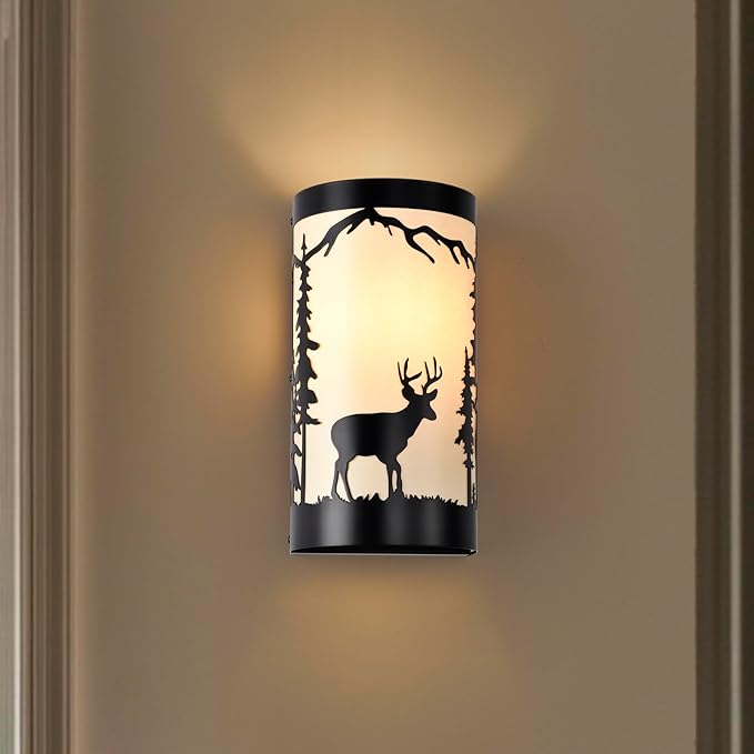 Wall Light Fixtures,Deer Cream White Parchment Rustic Wall Sconces,Farmhouse E26 Base Wall Sconce Light,Industrial Metal Black Sconce,Wall Lamps for Bedroom,Living Room,Hallway,Stairway-Ruum Studio Home