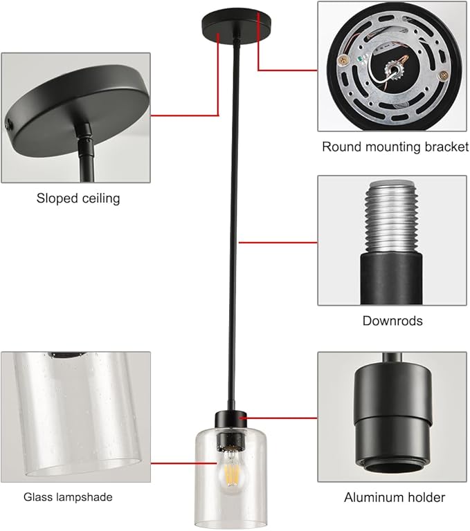 Black Pendant Lights Kitchen Island - Seeded Glass Pendant Light Fixture Multiple Stems Rods 3 Units 12 Inch 3 Units 4 Inch (2 Pack Black Seeded Downrod)-Ruum Studio Home