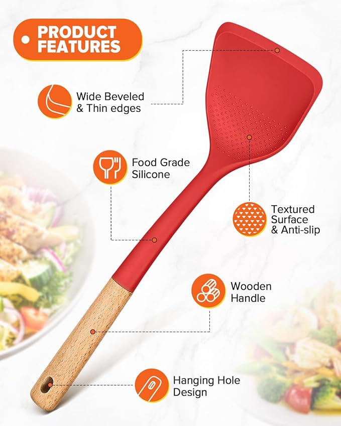 Silicone Cooking Utensils Set, Perfectly Angled for Frying, Mixing,Serving,Draining,Turning and Stirring, BPA-Free Matte Silicone, Wood Handles, Safe for Nonstick Cooking Surfaces,4 Pack (Red)-Ruum Studio Home