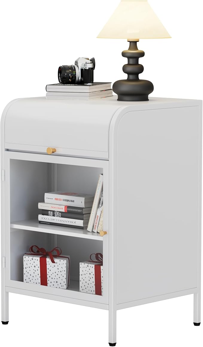 Modern Metal Side Tables, End Tables with Glass Door, 2-Tier Nightstands with Storage Shelves, Accent Table, Slim Sofa Table for Living Room, Bedroom (1, White)-Ruum Studio Home