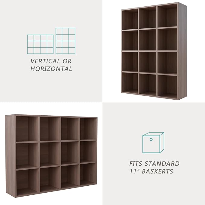 12-Cube Storage Shelf Bookcase - Wooden 3-Tier Floor Standing Open Bookshelf for Home and Office, Cuby Orgainzer, Walnut-Ruum Studio Home