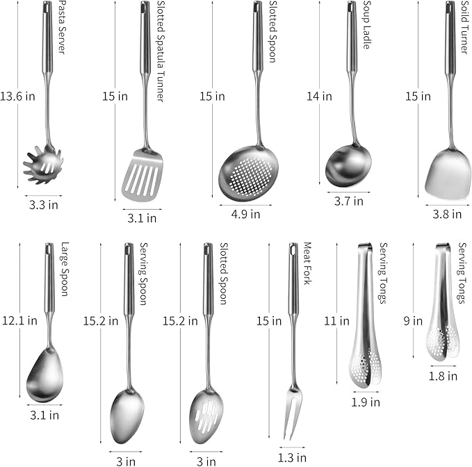 304 Stainlss Steel Kitchen Utensils Set, 11 Pcs Long Metal Cooking Utensil Gadgets Tools Set with Spatula, Ladle, Spoon, Ladle, Skimmer, Tunner, Pasta Server, Tongs(Silver, Dishwasher Safe)-Ruum Studio Home