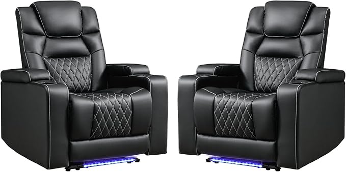 ANJ Power Home Theater Recliner Chair Set of 2, Electric Movie Theater Seating Reclining Chairs with Cup Holders for Living Room, Faux Leather with Blue LED, USB Ports, Hidden Arm Storage (Black)-Ruum Studio Home