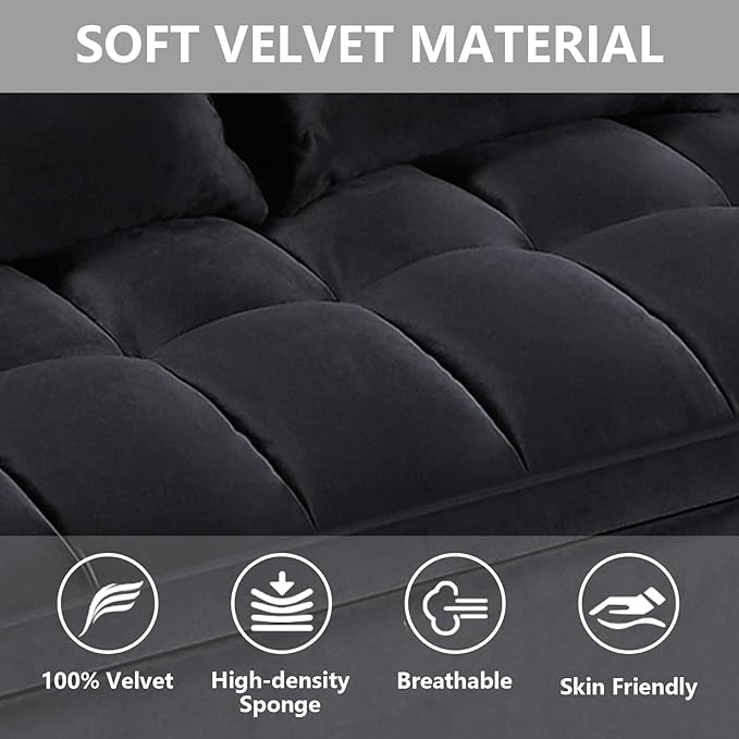 3 in 1 Convertible Sleeper Sofa Bed,Futon Loveseat Couch with Pull-Out Bed & Adjustable Backrest,Velvet Fabric Sofa with Side Pocket for Small Apartment, Living Room, Office (Black)-Ruum Studio Home