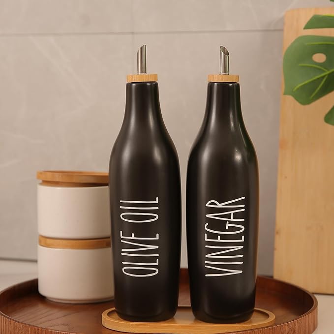 HOMCDALY Olive Oil and Vinegar Dispenser Set, Ceramic Oil and Vinegar Bottles with Bamboo Tray, 16.9oz Kitchen Cruet - Set of 2 - Black-Ruum Studio Home