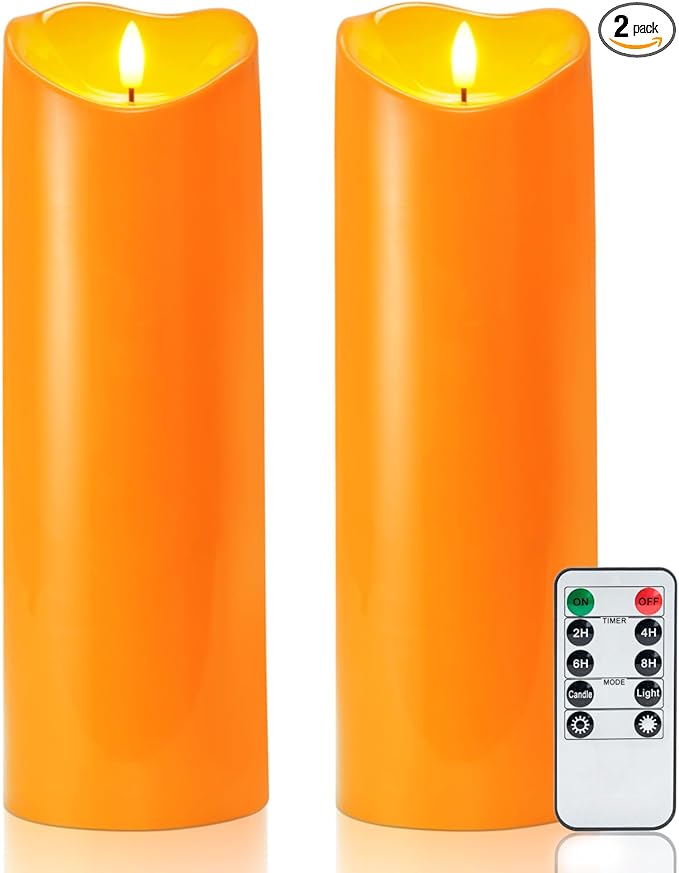 Homemory 4"x12" Halloween Orange Flameless Candles, Fall Candles, Outdoor Waterproof Flameless Candles with Remote and Timers, Battery Operated LED Pillar Candles, Won't Melt Plastic, Set of 2-Ruum Studio Home