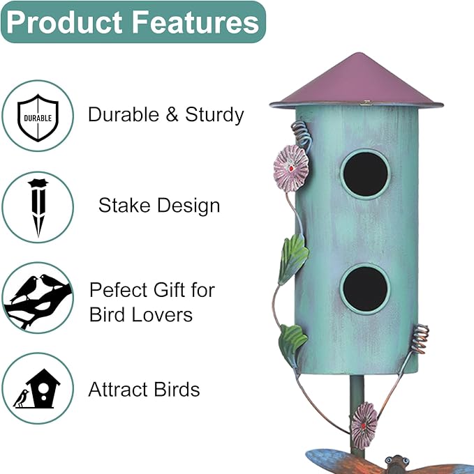 BAYN 57” Bird Houses Stake for Outside, Metal Wild Bird Feeder Double-Hole Birdhouse Stake with Cylinders Design Outdoor Decorations for Patio, Backyard, Garden-Ruum Studio Home