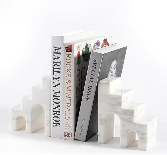 Natural Marble Book Ends for Shelves, Decorative Bookends for Heavy Books, CastleGuard Bookend Book Holder Stopper for Home Office Desk Bookshelf Decoration, Set of 2 (Oriental Calacatta)-Ruum Studio Home