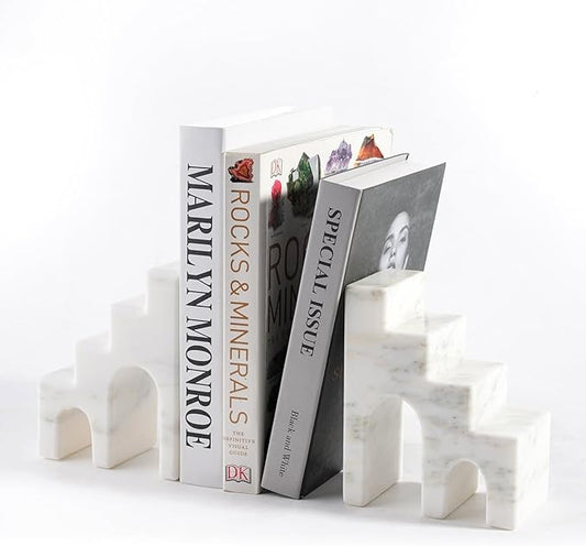 Natural Marble Book Ends for Shelves, Decorative Bookends for Heavy Books, CastleGuard Bookend Book Holder Stopper for Home Office Desk Bookshelf Decoration, Set of 2 (Oriental Calacatta)-Ruum Studio Home