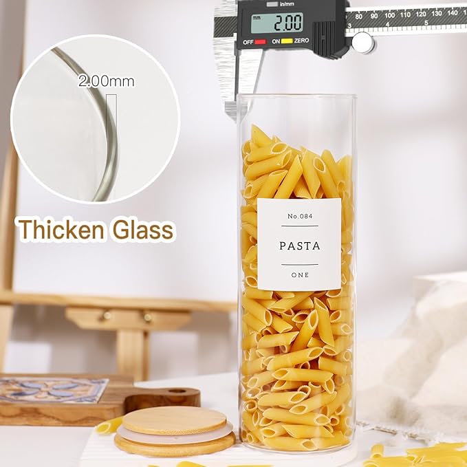 4 Pack Glass Jar with Airtight Wood Lid and White 132 Kichen Pantry Labels Preprinted - 38 Oz Clear Round Glass Food Storage Containers set For Cereal Rice Sugar-Ruum Studio Home