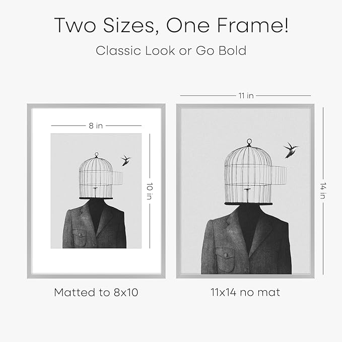 Homeforia 11x14 Picture Frame Silver, High End Metal 11x14 Frames with Mat 8x10, 11 x 14 Silver Poster Frame Matted to 8 x 10 inch Photo, 11by14 Thin Hanging Frames, Tempered Glass, Wall Kit, Set of 1-Ruum Studio Home
