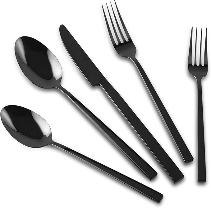 Stainless Steel Flatware Set Hand Forged 18/10 Silverware Set Mirror Black Cutlery Set with Cuboid Handle Matte Finished 20 Pieces Home Event Use Wedding Housewarming Gift Service for 4-Ruum Studio Home