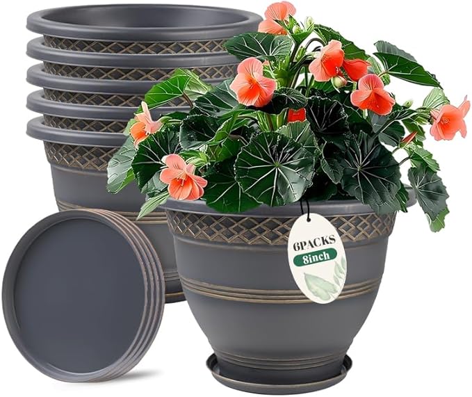 6 Pack 8 Inch Plant Pots, Plastic Flower Pot for Indoor & Outdoor with Drainage Holes & Saucer, Plaid Pattern Planters Garden Pots for Herbs-Ruum Studio Home