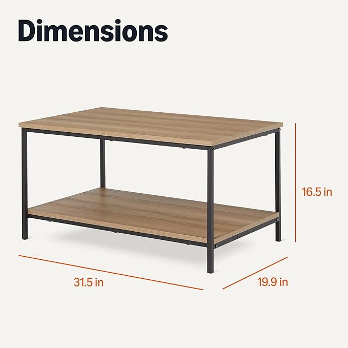 Amazon Basics Rectangular Coffee Table with Bottom Shelf, Living Room Center Table, Wooden, 19.9" D x 31.5" W x 16.5" H-Ruum Studio Home