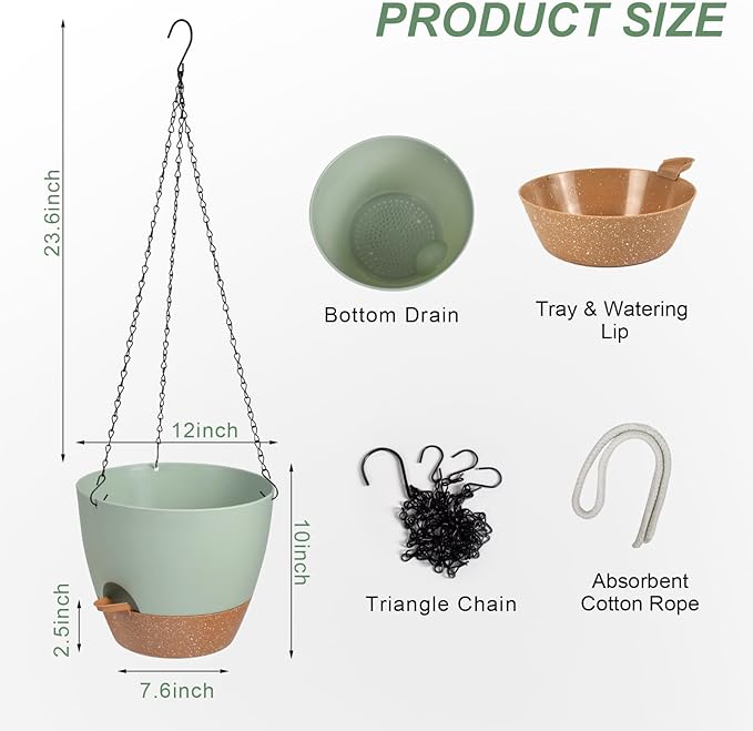 Hanging Planters for Indoor Outdoor Plants, 1 Set Self Watering Hanging Pot with Drainage Holes & Removable Tray (Green-12inch, 12'')-Ruum Studio Home