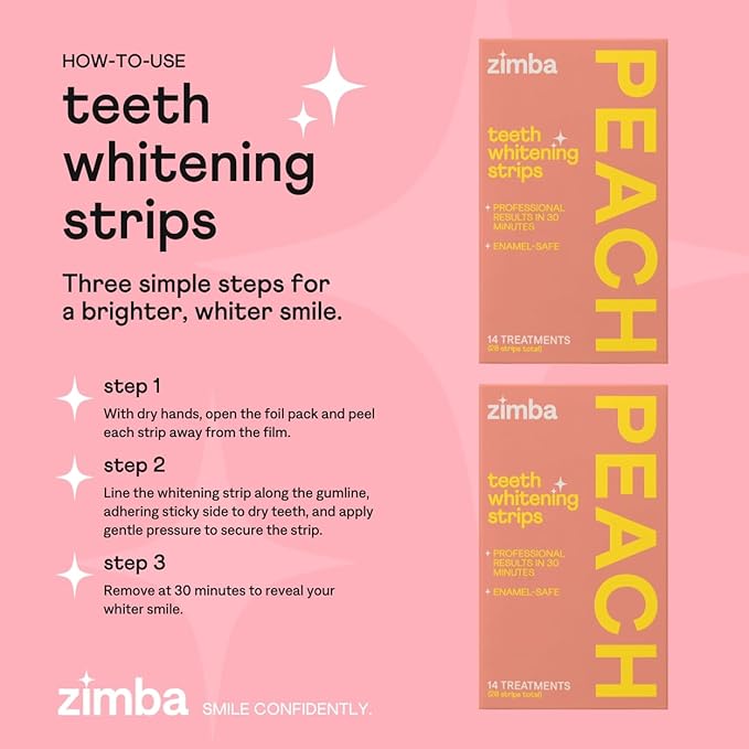 Zimba Teeth Whitening Strips Vegan Whitening Strip Enamel Safe Teeth Whitening Hydrogen Peroxide Teeth Whitener for Coffee, Wine, and Other Stains, 28 Strips (14 Day Treatment), Peach-Ruum Studio Home