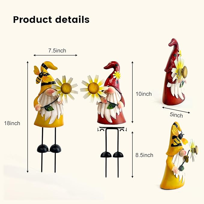 HONGLAND Gnome Metal Yard Art - Metal Gnome Statue -Gnome Outdoor Decorations - Bee and Ladybug Garden Statue- Christmas Holiday Lawn Patio Yard Garden Decor (Set of 2)-Ruum Studio Home