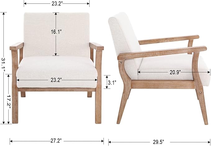 Accent Chair Mid Century Modern Armchair, Linen Upholstered Living Room Accent Armchair with Wood Frame, Farmhouse Chair Indoor Corner Chair for Living Room Bedroom, Ivory-Ruum Studio Home