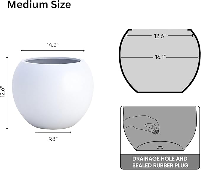 DTY Signature Mount Sherman Lightweight Durable Modern Fiberstone Sphere Planter for Indoor & Outdoor Drainage Hole & Rubber Plug Weather Resistant, 13.5" H x 17" Dia, 12" Opening - Medium, White-Ruum Studio Home