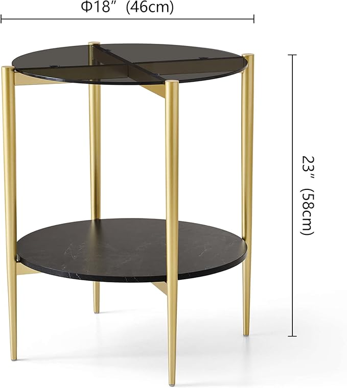 Round Glass End Table, Mid-Century Modern Design Sofa Table for Living Room, D18 x H23 in, 2-Tier Structure, Grey Glass Top and Black Marble Shelf, Sleek Conical Legs with Gold Finish Frame-Ruum Studio Home