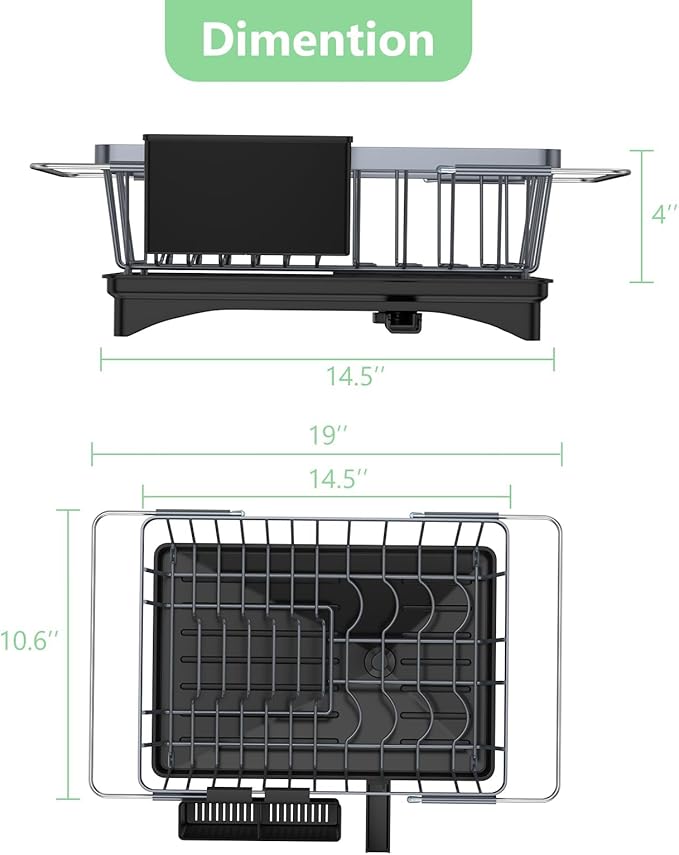 LEMIKKLE Expandable Dish Drying Rack- Space-Saving Dish Rack, Dish Drainers for Kitchen Counter with a Cutlery Holder, Over The Sink Dish Racks Fit for 14’’-19’’ Kitchen Sink Grey-Ruum Studio Home