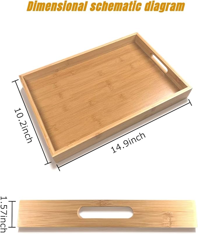Large Bamboo Wooden Tray with Handles, Rectangular Natural Solid Wood Dinner Tray, Bamboo Wood Original Color. Suitable for Kitchen,Bedroom, Coffee, Party bar. (14.9x10.2 inches)-Ruum Studio Home