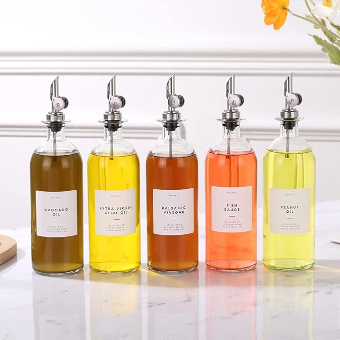 Molimoli Oil and Vinegar Dispenser with Metal Pour Spout, Weighted Pourer, Glass Bottle Dispenser for Kitchen, Olive Oil Cruet, Glass Olive Oil Bottle | 500ml, Set of 2-Ruum Studio Home