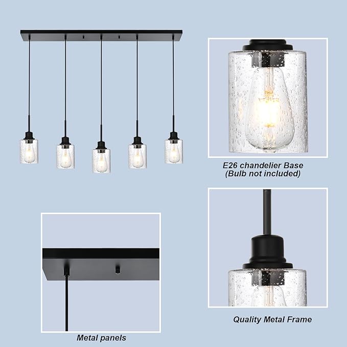 Black Chandelier 5 Light Dining Room Lighting Fixtures Hanging Linear Pendant Lights Industrial Modern Chandelier with Seeded Glass for Kitchen Island Living Room Bedroom Foyer Hall Entryway-Ruum Studio Home