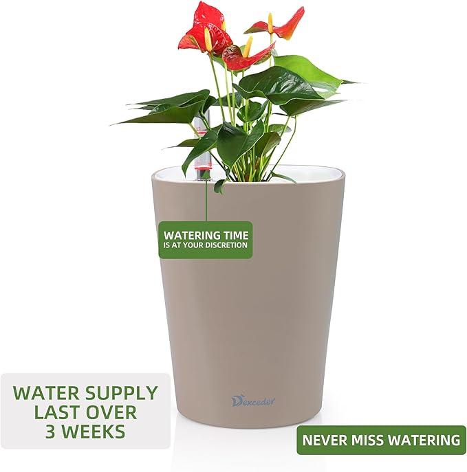 Dexceder 6x7 Self Watering Planter Indoor Outdoor, High Gloss Table Flower Plant Pot with Water Level Indicator (Taupe)-Ruum Studio Home