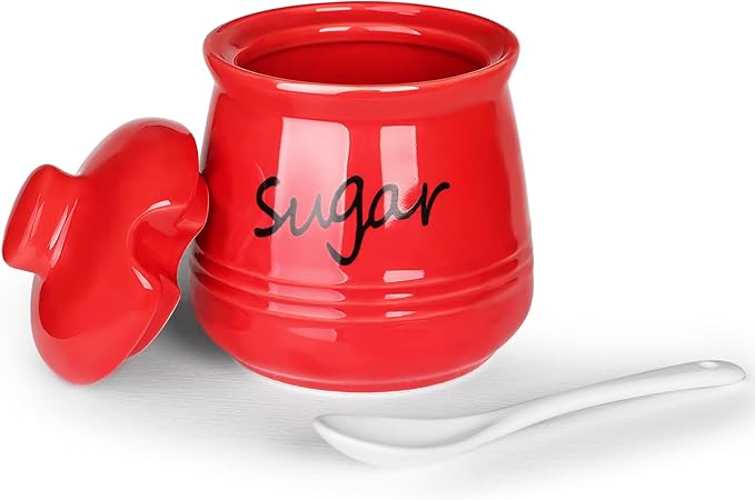 HAOTOP 12oz Sugar Bowl with Lid and Spoon,Ceramic Sugar Jar Sugar Dispenser Sugar Container Coffee Bar Accessories, Kitchen Countertop Canisters, Red-Ruum Studio Home