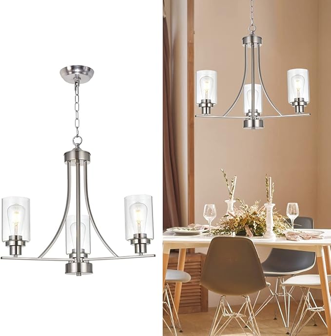 BONLICHT Contemporary Chandelier 3 Light Brushed Nickel Modern Lighting Fixtures Hanging Clear Glass Shades Pendant Light Classic Ceiling Lamp for Kitchen Dinging Room Living Room Bedroom Hallway-Ruum Studio Home